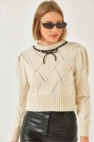 Strukturiertes Besticktes Rundhals Enges Crop Sweater