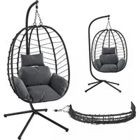 STEELSØN Hängesessel Alarian höhenverstellbar und faltbar (dunkelgrau/schwarz, mit Gestell und Sitzkissen, bis 150 kg belastbar), mit großem Korbsitz für indoor & outdoor, aus Polyrattan