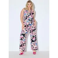Ulla Popken Funktionshose Jumpsuit ärmellos Jersey Blütenmuster