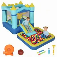 AIYAPLAY Hüpfburg Trampolin Planschbecken/Bällebad Basketballkorb Wasserpistole, (Bouncy Castle, 1-tlg., Aufblasbar Spielcenter), für 3-8 Jahre Kinder für Indoor & Outdoor 364x173x182 cm Blau