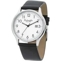 Eichmüller Quarzuhr Herrenuhr Edelstahl-Gehäuse 38 mm Weißes Zifferblatt 3051-01, Schwarzes Lederarmband, Klassische Uhr für Business und Freizeit