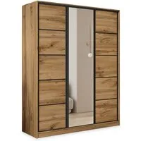 Masseno Schwebetürenschrank PINA 150 cm Kleiderschrank mit Spiegel 3 Türen Eiche Wotan