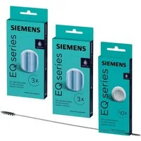 SIEMENS Reiniger TZ80001 + Entkalker TZ80002 + Reinigungsbürste Pflegeset (Spar-Set, [- 10× TZ80001A, 6× TZ80002A & Spezial-Reinigungsbürste Pflegeset für Brühgruppenreinigung, Kalkentfernung & Maschinenhygiene)