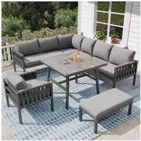 REDOM Gartenlounge-Set mit verzinktem Eisengestell, (mit Seil-Design, höhenverstellbaren Füßen - Ecksofa, Einzelsofa, Sofabank, Tisch mit gehärteter Glasplatte - Robuste, komfortable Sitzkissen), mit Relaxfunktion
