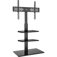 FITUEYES TV-Ständer mit 2 Ablagen, höhenverstellbar, ±30°schwenkbar, 32-60 Zoll, (bis 60,00 Zoll, verstellbare Ablagen, aus gehärtetem Glas)