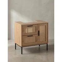 KADIMA DESIGN Waschbeckenunterschrank Waschbeckenunterschrank Eiche-Optik 60x60x40 cm mit Tür und (Stehend, Badschrank Midischrank Klein Waschtisch) Schubladen, Badezimmerschrank mit Rattangeflecht, Unterschrank