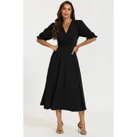 FS Collection Wickelkleid Midikleid Wickeloptik Sommerkleid mit Puffärmeln und V-Ausschnitt (Größen: XS (EU:36 / UK:8) · S (EU:38 / UK:10) · M (EU:40 / UK:12) · L (EU:42 / UK:14) · XL (EU:44 / UK:16), 2 Farben: Schwarz und Marineblau) Wickeloptik, ge