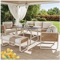 Celya Gartenlounge-Set Gartenlounges, Gartenmöbel Set Rattan mit Sofa und Esstisch, (für Terrasse, Balkon, Garten, Gartensofa mit waschbaren Kissen, verstellbaren Füßen), PE-Rattan Sitzgruppe inkl. Beistelltisch, Beige