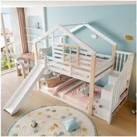 STILVORA Etagenbett 90x200 mit Rutsche,Holzbett Kinderbett mit Dach&Stauraumtreppe