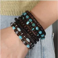 The Beauty House Armband 7er Set Perlenarmbänder Boho Schmuck mehrschichtig aus Holz und Türkis, Ethno Hippie Stil für Alltag Festival