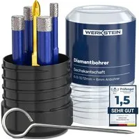 Werkstein Fliesenbohrer Set - 6I8I10I12mm Glasbohrer & 6mm Karbid-Anbohrer, (5-tlg), Diamantbohrer zum Bohren von Fliesen, Glas, Marmor, Granit uvm.