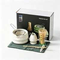 Diwzbyn Teeservice Teeservice Matcha Set 7-teilig mit Keramikschale und Bambusbesen, Japanisches Teezeremonie-Set mit Löffel, Sieb, Halter & Geschenkidee