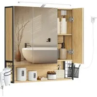 VASAGLE Spiegelschrank Badezimmerschrank, Badschrank, Wandschrank (mit LED-Beleuchtung) mit Stecker, Hängekorb, Haartrockner-Halter, natureichenfarben