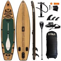CALA SUP-Board KANALOA, robustes SUP- Board, aufblasbar, (Komplett-Set, SUP BOARD inkl. Board Bag, Pumpe, Vollcarbon-Paddel, Reparatur Kit), Holzoptik, D-Ringe für Kajaksitz
