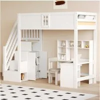 Merax Hochbett (Massivholzbett Jugendbett Einzelbett, 1-St) Kinderbett 90x200cm mit Sicherheitstür Stauraumtreppe Kleiderschrank