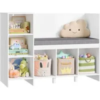 HOMECHO Spielzeugtruhe, Bücherregal Kinder mit Kissen und 6 Ablagefächern Weiß