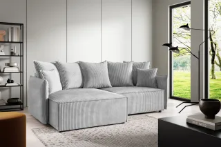 Ecksofa Schlafsofa Sofa MINEA in Stoff Poso Hellgrau Ottomane Links