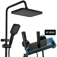 oyajia Duschsystem Duschsystem Schwarz mit LED-Panel,4 Wasserauslässen,Kalt-Heiß-Regelung, 4 Strahlart(en), 95–115 cm höhenverstellbar mit 29 x 19 cm Regendusche