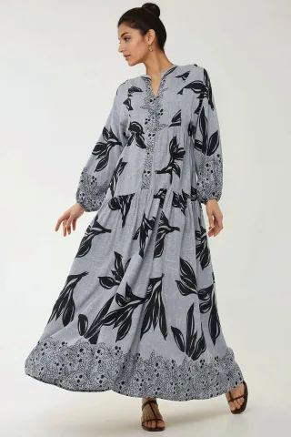 Bedrucktes Viskose Maxikleid mit langen Ärmeln