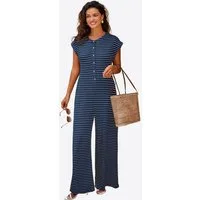 Imily Bela Jumpsuit Damen Hausanzug Homewear Gestreift Weit Bein Waffelstrick Sommer Loose (Packung, 1-tlg., 1per-Pack) mit Knopfleiste gehäkelt