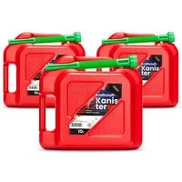 DQ-PP Benzinkanister DQ-PP 3x Kraftstoffkanister mit flexiblem Ausgießer, 10 Liter, Rot, Benzinkanister, Reservekanister, UN-Zulassung Dieselkanister