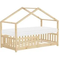 ML-DESIGN Spielbett Hausbett Kinderbett inkl. Lattenrost & Rausfallschutz Kinder Bodenbett, Abenteuerbett 80x160cm mit Matratze Himmelbett Kiefer Jugendbett Natur