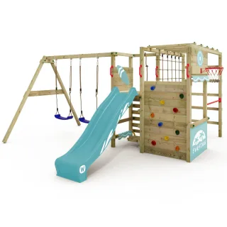 Klettergerüst Smart Zone mit Doppelschaukel, Wellenrutsche, Kletterwand und Basketballkorb – Hochwertiger Abenteuerspielplatz aus Massivholz - Wickey