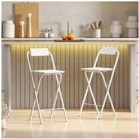 HOMCOM Barhocker mit Stahlgestell, Lehne, Fußstütze (Tresenhocker, 2 St., Klappbar Barstuhl), für Küche, Wohnzimmer, Esszimmer Weiß