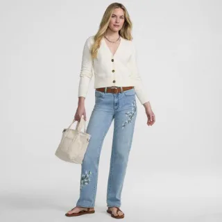 Bestickte Soft Denim Relaxte Straight Fit Jeans Mid Waist für Damen, Damen, size: regular, Blau, Elasthan/Baumwoll-Mischung, by Lands' End