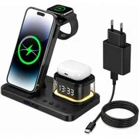 ibettertec 5-in-1 Kabellose Ladestation mit Uhr und Nachtlicht Ladestation (15W Schnellladegerät für iPhone, Apple Watch und AirPods, faltbar, kompatibel mit Samsung Galaxy)