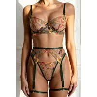 Elegant Love Set: Bügel-BH Sexy Dessous-Set mit Stickerei – Reizwäsche (Set, 5-tlg., Spitze BH + G-String Tanga + Strumpfgürtel) Unterwäsche-Set – sinnliche BH-Set mit Strumpfhalter und Slip
