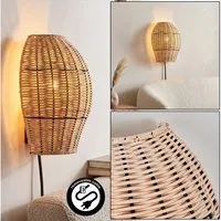 hofstein Wandleuchte Wandlampe aus Metall/Rattan in Schwarz/Naturfarben, ohne Leuchtmittel, Leuchte im Boho-Design mit Gitterschirm und Lichteffekt, E27