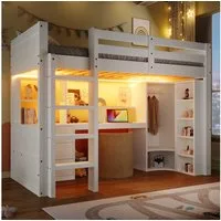 BlingBin Hochbett Kinderbett aus Kiefernholz (mit LED-Beleuchtung, integriertem Schreibtisch, Kleiderschrank, 1-St., Schubladen, offenen Staufächern, Regalsystem, Sicherheitsgeländern) multifunktionalem Stauraum-Design für Kinderzimmer – Weiß