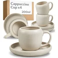 Cosumy Cappuccinotasse 4er Cappuccino Tassen Set mit Untertassen Weiß – 200 ml Keramik, 4-tlg., Steingut, Handglasiert, Spülmaschinenfest & Mikrowellengeeignet, 4er Set