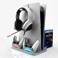 BBG PS5-Kühlständer für PS5, PS5 Slim und PS5 Pro,Disc und Digital Edition Ladestation (3-stufige Lüftersteuerung, 2 Controller-Ladeplätze, RGB-Beleuchtung, 15 Spiele-Disc-Steckplätze, Headset-Halterung)
