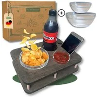 PEGSEN Tablett Couchbar Snackbox YOLO mit 2 Snackschalen Sofatablett, Multiplex Birkenholz, (Set, 3-tlg., Couchbar + 2 lebensmittelechte Glasschalen), alles steht sicher & stabil, vielseitig nutzbar, ideal für Sofa & Bett