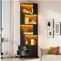 Flieks Bücherregal Standregal Eckregal mit LED-Beleuchtung und 6 Ebenen/5 Ebenen, B63,5/T45/H180 cm 1-tlg., Eckbücherregal mit 4 Fächer&2 Schubladen L-förmig Hochschrank Schwarz