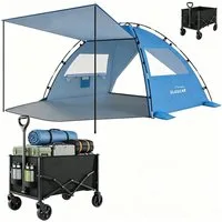 Elegear Strandmuschel Strandmuschel 4-5 Personen mit Sonnendach + Faltbarer Bollerwagen 120L, Personen: 5 (Set, 2 tlg., 1 x Strandmuschel mit Tragetasche, 1 x Faltbarer Bollerwagen), UPF 50+, All Terrain Räder, Komplettset für Strand, Camping & Garte