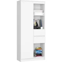 Home Collective Bücherregal Schrank Büroregal weiß 80cm breit 180cm hoch, Aktenschrank, Büroschrank, Mehrzweckschrank, mit Tür und 2 Schubladen mittig