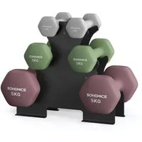 SONGMICS Kurzhantel Set, Hexagon, 2 x 1 kg, 2 x 3 kg, 2 x 5 kg, Krafttraining, zu Hause, mattes Finish, Neopren-Beschichtung, hellgrau, efeugrün, weinrot