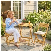 Outsunny Balkonset mit runder Tisch, 2 Stühle, Sitzkissen, Atmungsaktiv Lamellsitz, (Balkonmöbel Set, 3-tlg., Sitzgruppe), für Garten Balkon Naturholz