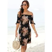 Beachtime by Lascana Jerseykleid mit Bändern an den Ärmeln, Carmen-Ausschnitt, Hawaii-Print Lockeres Sommerkleid, Strandkleid, Druckkleid, lockere Passform