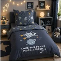 Familando Kinderbettwäsche Rakete Planeten 135x200 80x80 cm Weltall Bettwäsche Baumwolle, Renforcé, 2 teilig, mit liebevollem Motiv für Mädchen und Jungen
