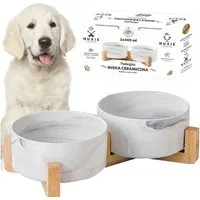 NUXIE PREMIUM Napf-Set Doppelter Keramik Katzennapf mit Bambusständer 2x400ml Marmor, Keramik, Doppelnapf, Marmordesign, Bambusständer, herausnehmbare Schalen