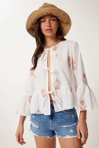 Rüschen Crew-Neck Langarm Bluse mit Blumenmuster