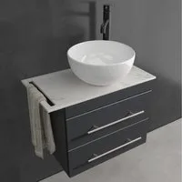 Alpenberger Badmöbel-Set Gäste WC Waschbecken mit Unterschrank – hängender Waschtisch 60 cm, (Waschbeckenunterschrank 60 cm Breit, Aufsatzwaschbecken mit Unterschrank), Waschtisch Scwarz Matt mit Calacatta Waschtischplatte