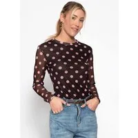 SASSYCLASSY Langarmshirt Mesh Langarmshirt mit Punkten für Damen Leichtes Shirt mit gefütterter Vorderseite und Rundhalsausschnitt