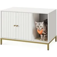 FEANDREA Katzentoilette Katzenklo-Schrank, Katzenhaus, Beistelltisch, 80 x 50 x 55 cm, mit Kratzmatte, hohe Beine, für Katzen, weiß-goldfarben