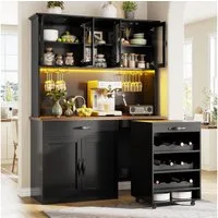 Flieks Küchenbuffet mit Rollwagen, LED-Beleuchtung und Arbeitsplatte in Holzoptik (1-St., B140/T38/H180 cm) Hochschrank Küchenschrank mit Glastüren, Schubladen und Weinregal