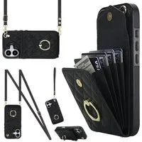 Wigento Handyhülle Für Apple iPhone 17 Crossbody Kunstleder Rhombic Design Hülle Schwarz, Mit Kartenfächern, RFID-Schutz, Gurt